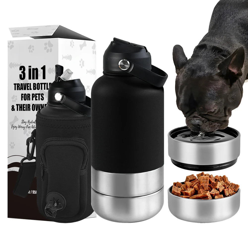 Insulated Travel Bottle for Dogs – With Water & Food Bowl